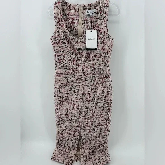 NWT En Saison Everleigh Midi Tweed Dress Beige Burgundy Size S - Picture 3 of 13